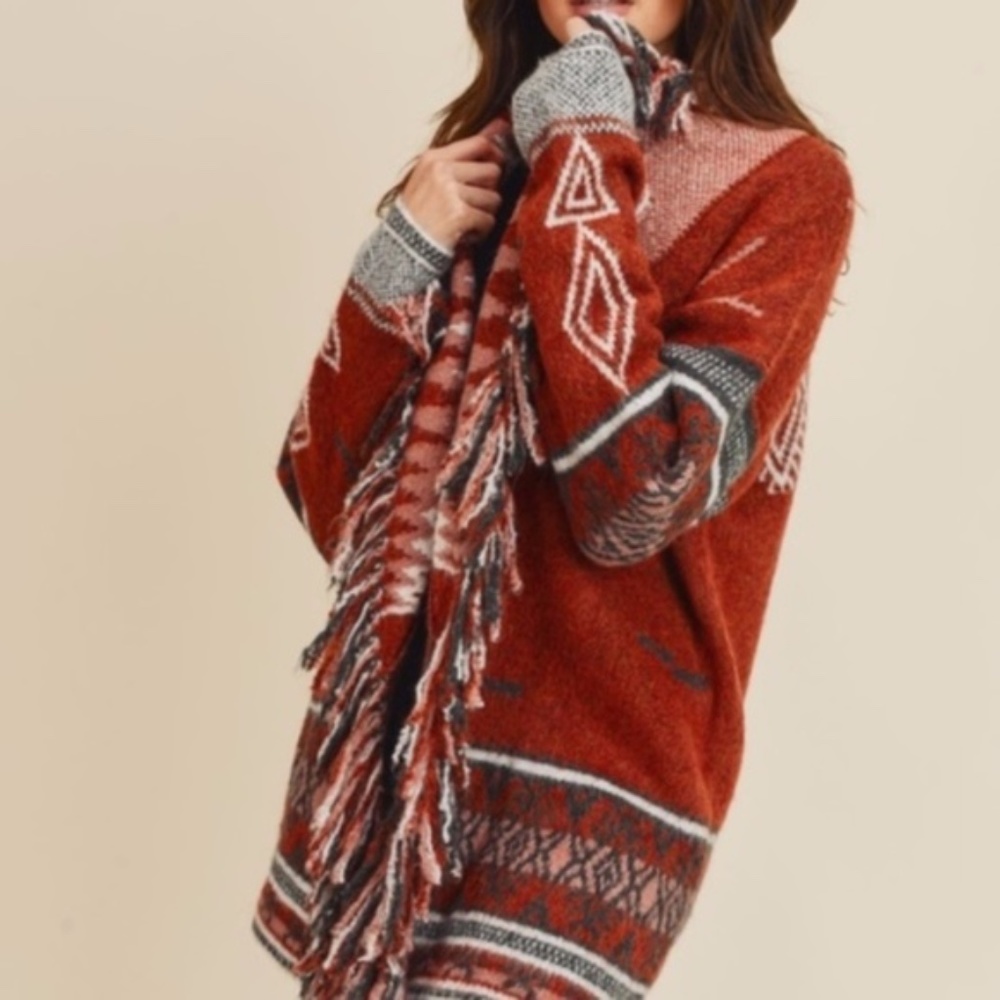 SOLD OUT Cowichan Boho Aztec Native Fringe Print Soft Knit Cardigan Sweater - Picture 6 of 10